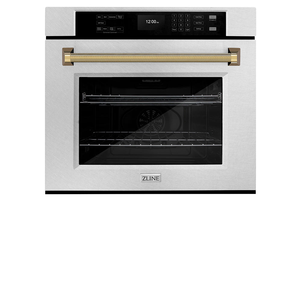 ZLINE Autograph Edition 30 in. Professional True Convection Single Wall Oven with Air Fry and Self Clean in Satin Stainless Steel with Polished Gold Helix Handle (WASSZ-30-KG)