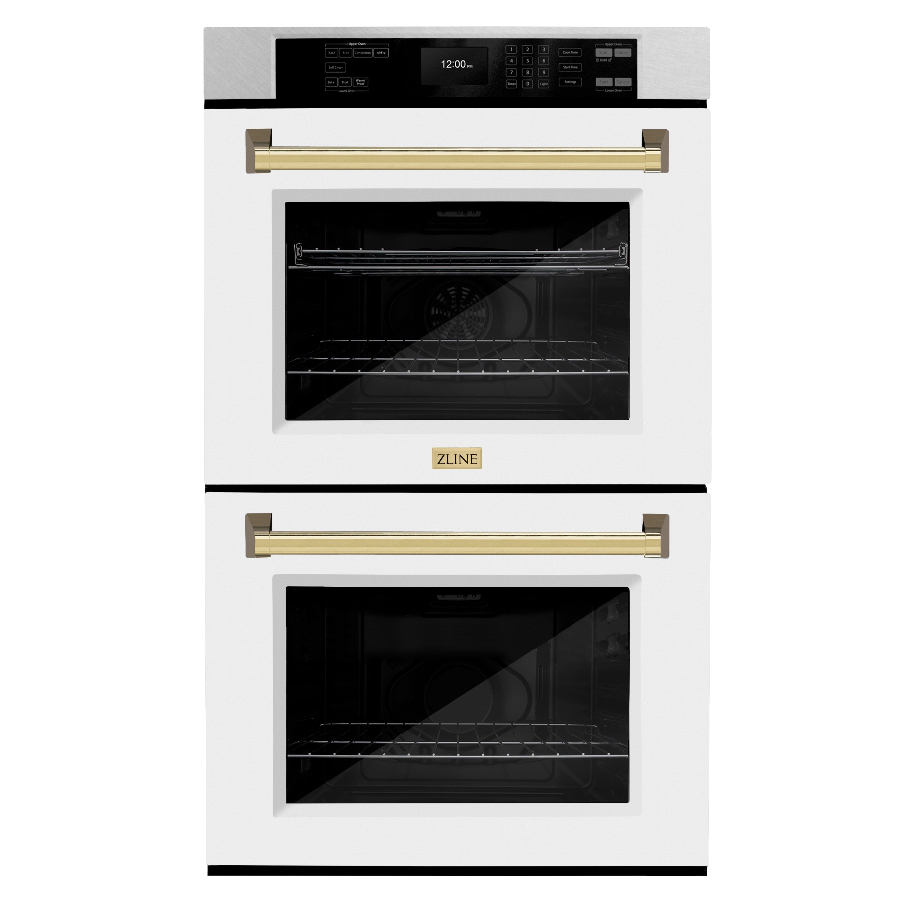 ZLINE 30 in. Autograph Edition Professional True Convection Double Wall Oven with Air Fry and Self Clean in Satin Stainless Steel with White Matte Doors and Polished Gold Handles (WADSZ-WM-30-G)