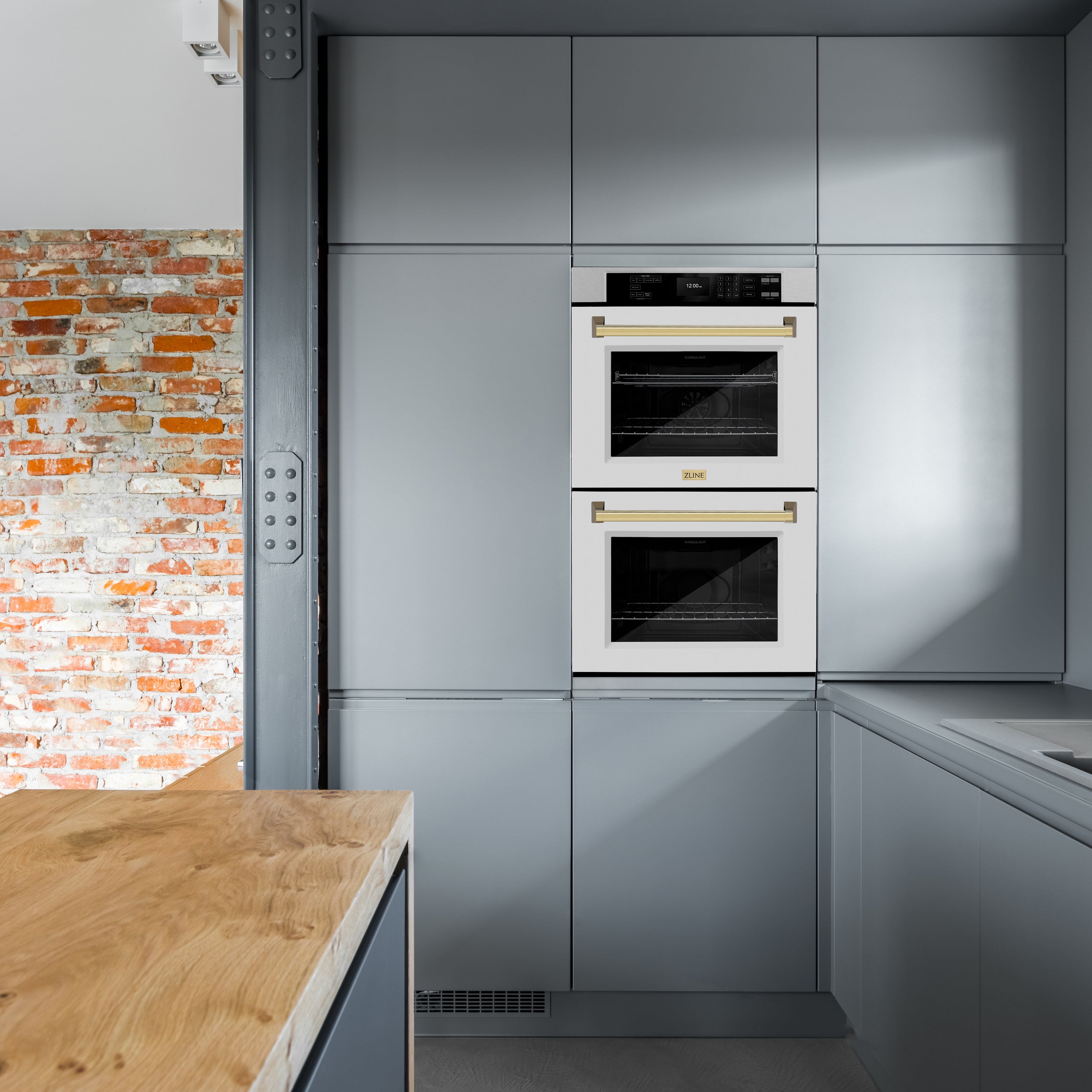 ZLINE 30 in. Autograph Edition Professional True Convection Double Wall Oven with Air Fry and Self Clean in Satin Stainless Steel with White Matte Doors and Polished Gold Handles (WADSZ-WM-30-G)