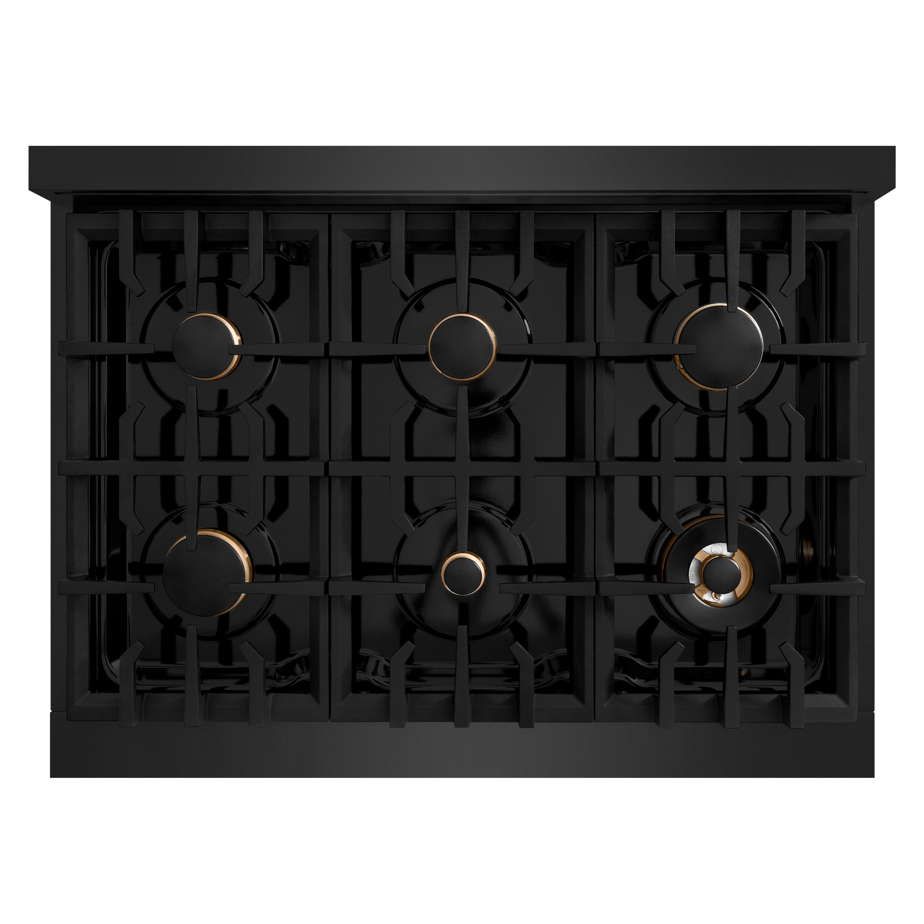 ZLINE Autograph Edition 36 in. 5.2 cu. ft. Select Dual Fuel Range with 6 Burner Gas Cooktop and Electric Convection Oven in Black Stainless Steel with Polished Gold Accents (HDRBZ-36-G)