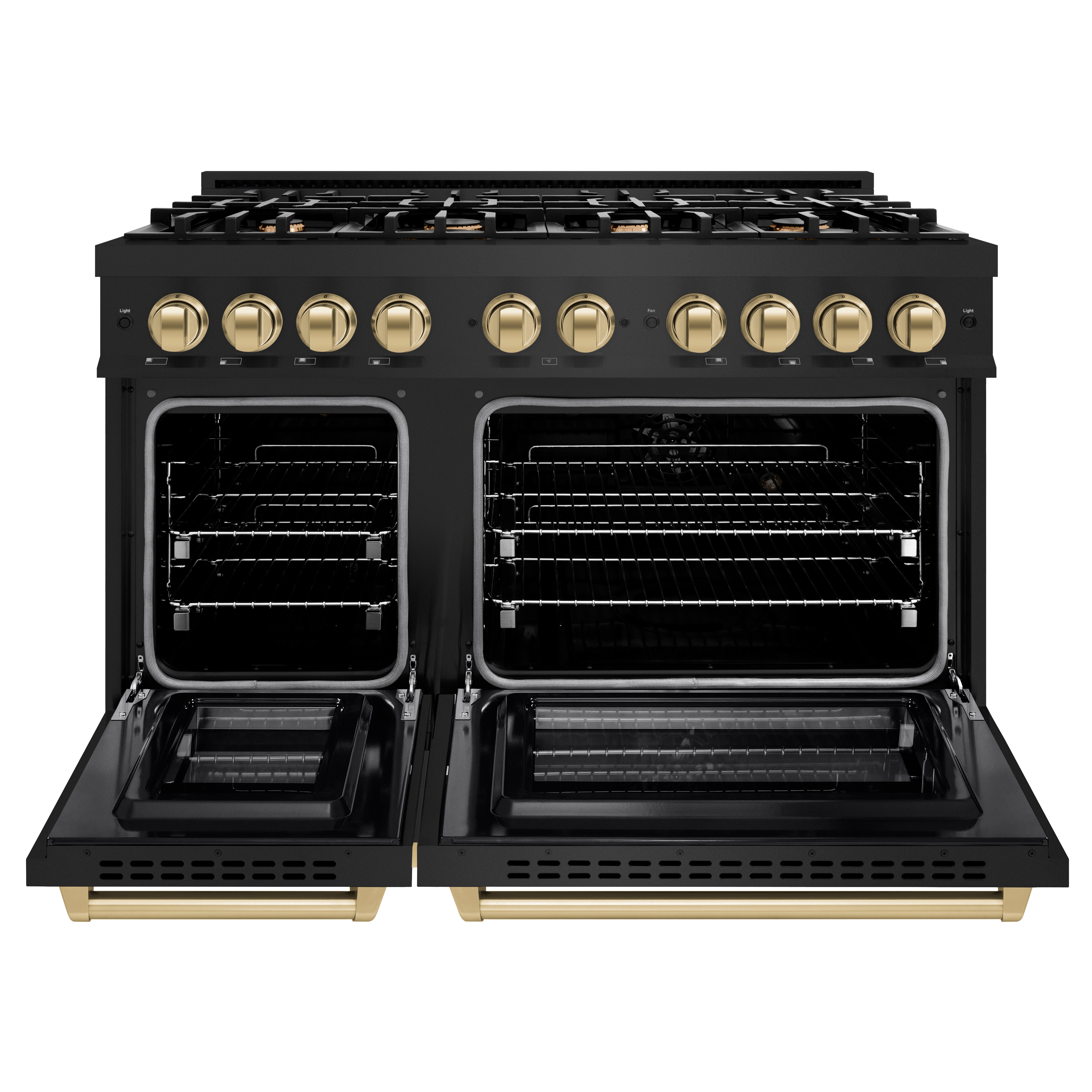 ZLINE Autograph Edition 48 in. 6.7 cu. ft. Select Double Oven Dual Fuel Range with 8 Burner Gas Cooktop in Black Stainless Steel and Champagne Bronze Accents (HDRBZ-48-CB)
