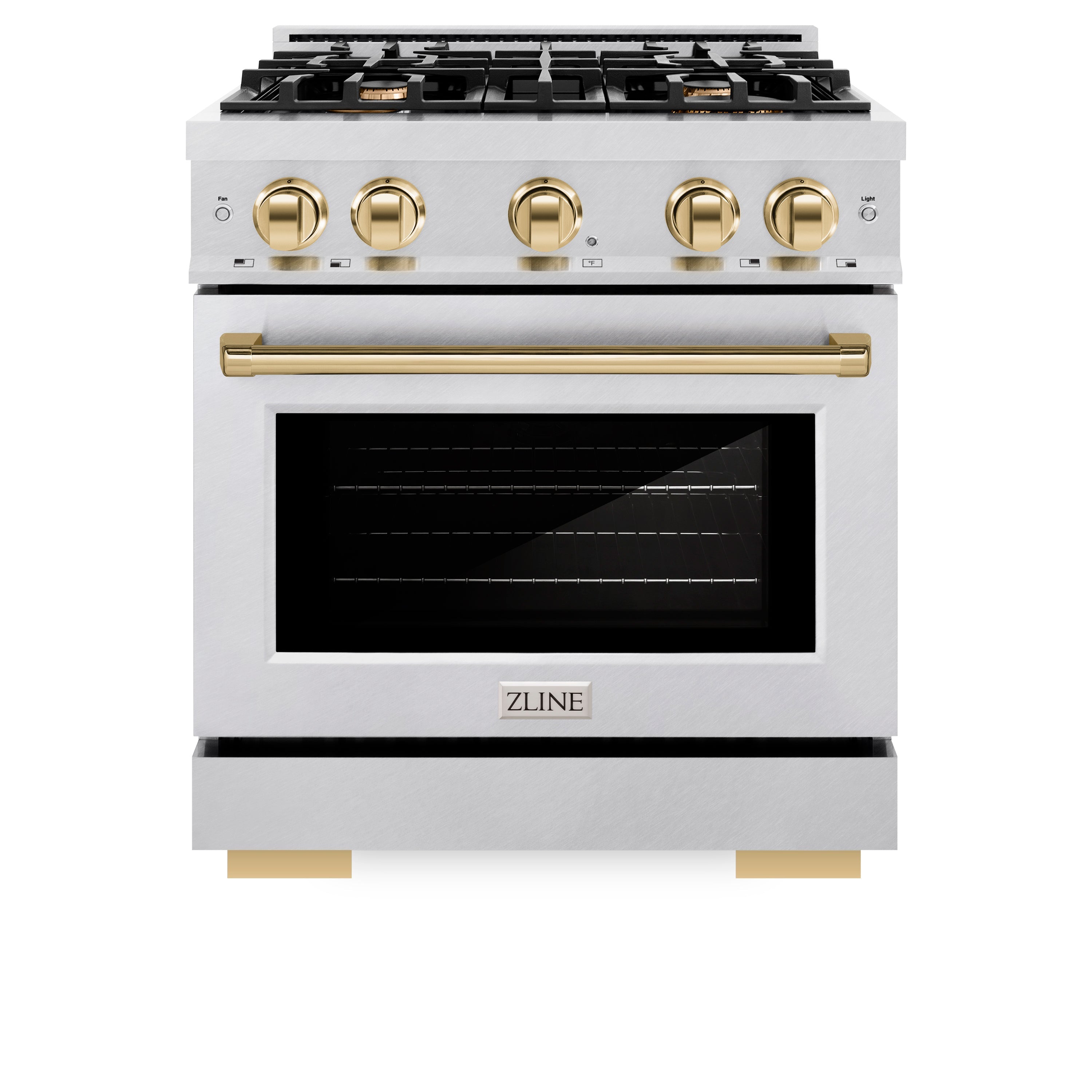 ZLINE Autograph Edition 30 in. 4.2 cu. ft. Select Dual Fuel Range with 4 Burner Gas Cooktop and Electric Convection Oven in DuraSnow® Stainless Steel with Polished Gold Accents (HDRSZ-30-G)