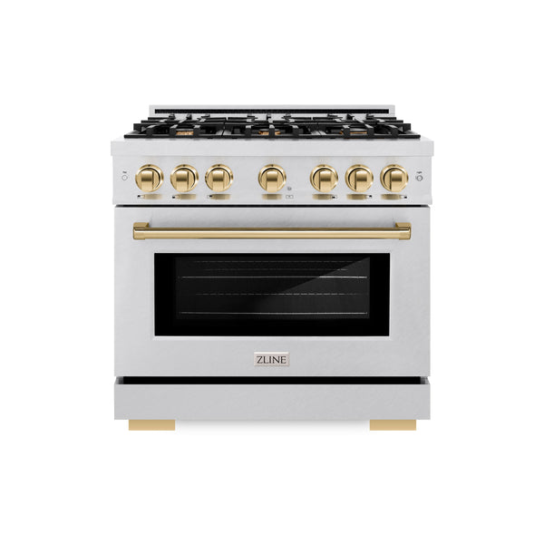 ZLINE Autograph Edition 36 in. 5.2 cu. ft. Select Gas Range with 6 Burner Cooktop and Convection Gas Oven in DuraSnow® Stainless Steel and Polished Gold Accents (HGRSZ-36-G)
