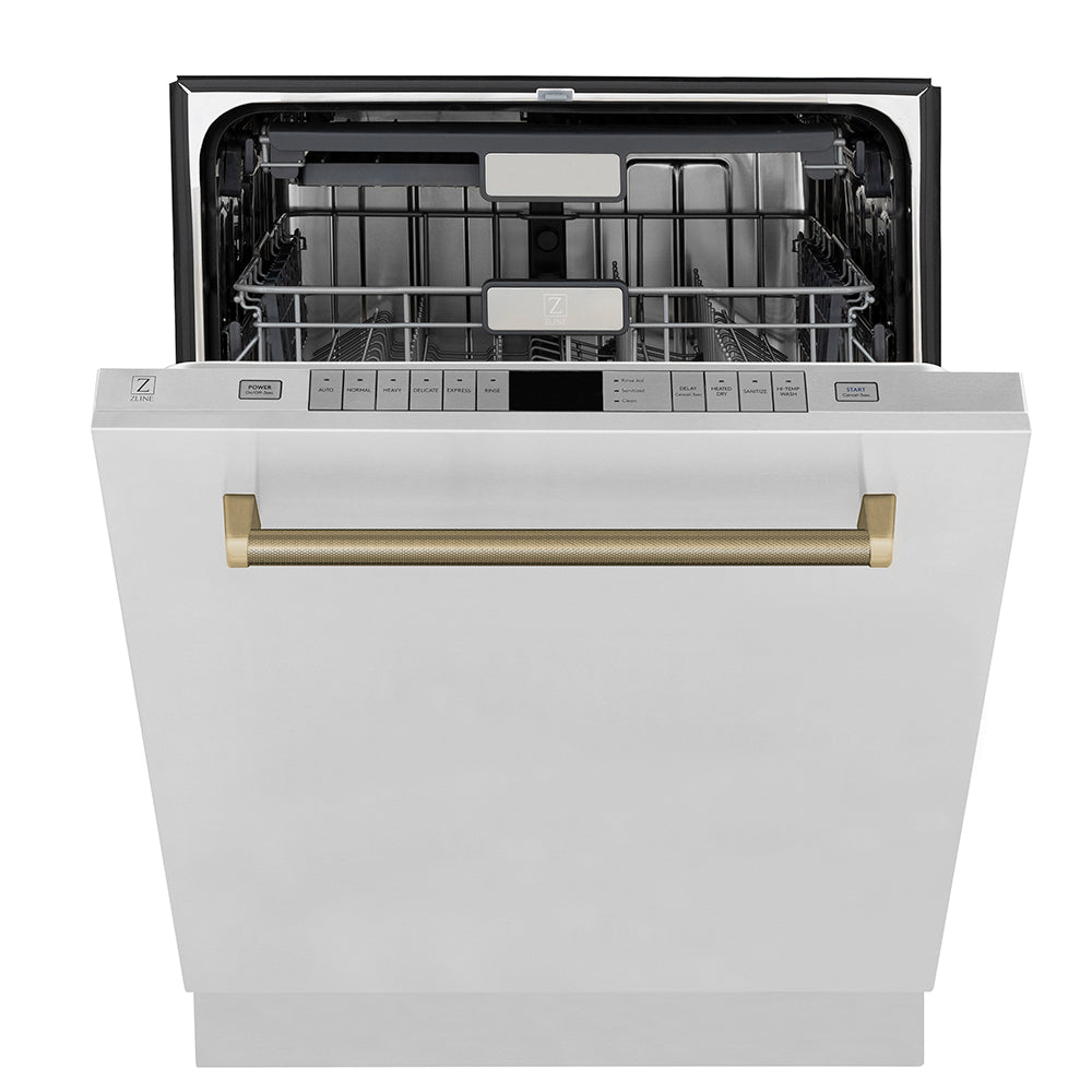 ZLINE Autograph Edition 24 in. Monument Series 3rd Rack Top Touch Control Tall Tub Dishwasher in Stainless Steel with Champagne Bronze Helix Handle, 45dBa (DWMTZ-30424-KCB)
