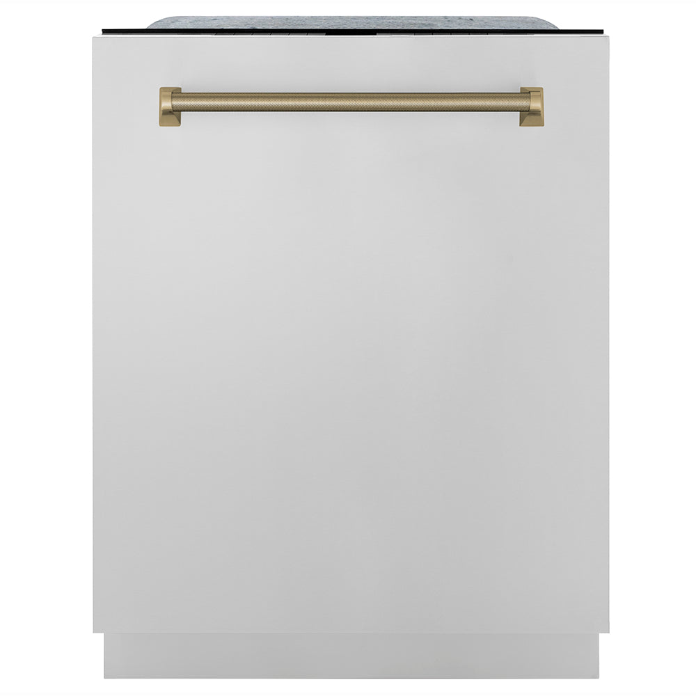 ZLINE Autograph Edition 24 in. Monument Series 3rd Rack Top Touch Control Tall Tub Dishwasher in Stainless Steel with Champagne Bronze Helix Handle, 45dBa (DWMTZ-30424-KCB)