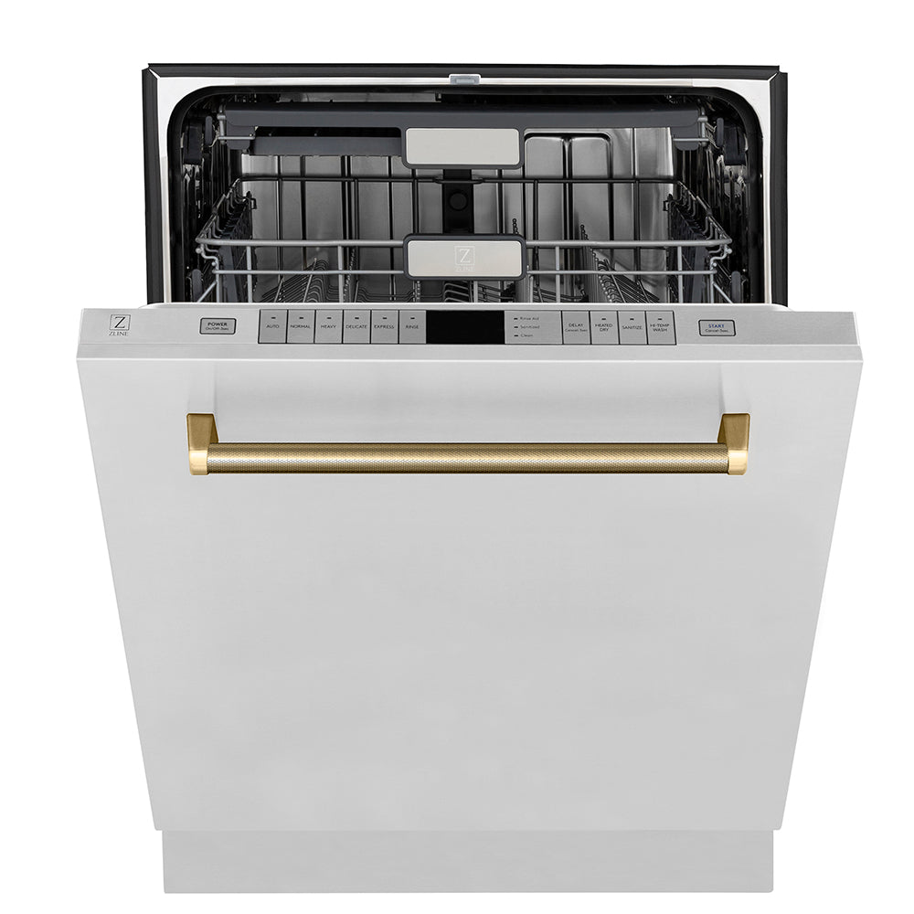 ZLINE Autograph Edition 24 in. Monument Series 3rd Rack Top Touch Control Tall Tub Dishwasher in Stainless Steel with Polished Gold Helix Handle, 45dBa (DWMTZ-30424-KG)