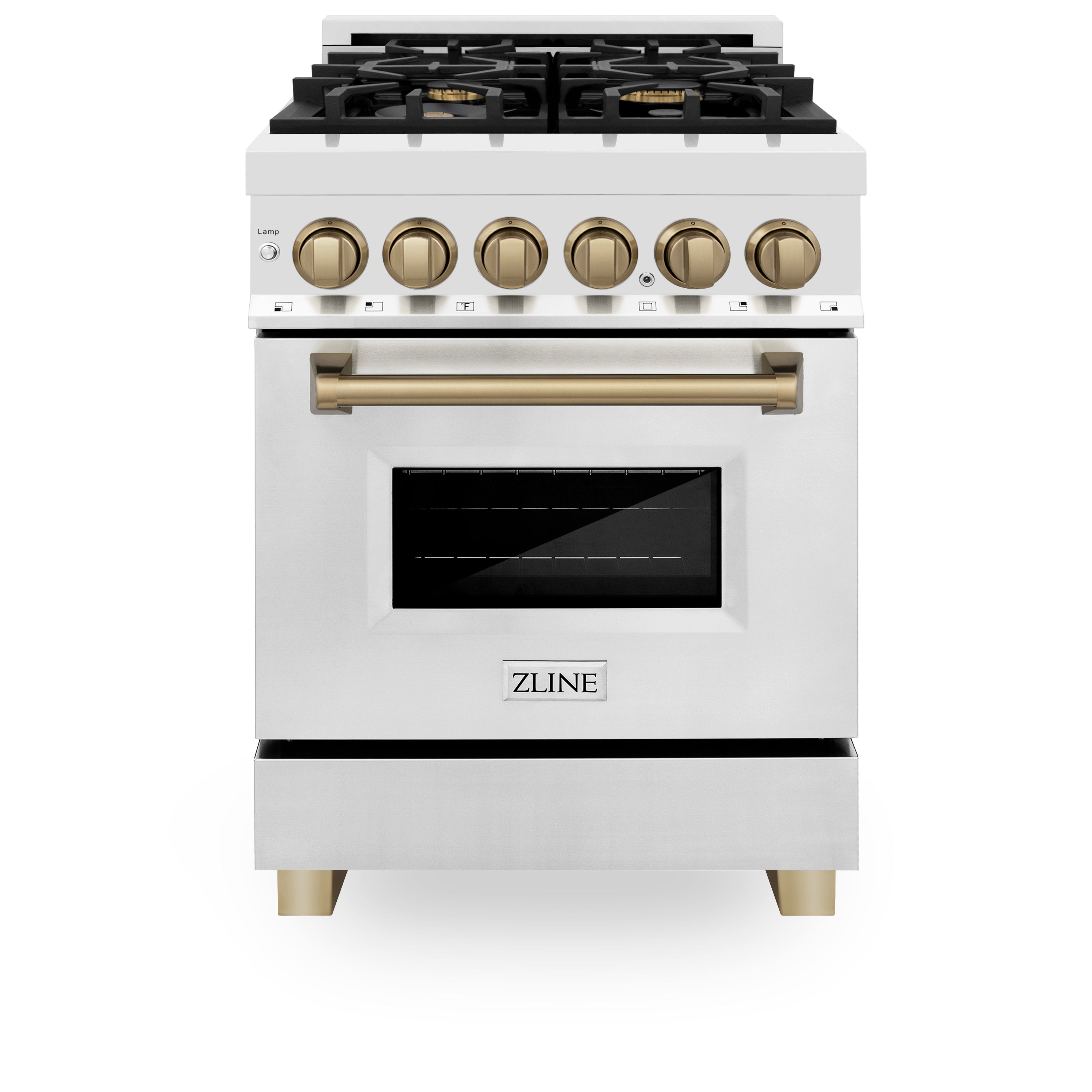 ZLINE Autograph Edition 24 in. 2.8 cu. ft. Legacy Dual Fuel Range with 4 Burner Gas Cooktop and Electric Convection Oven in Stainless Steel and Champagne Bronze Accents (RAZ-24-CB)