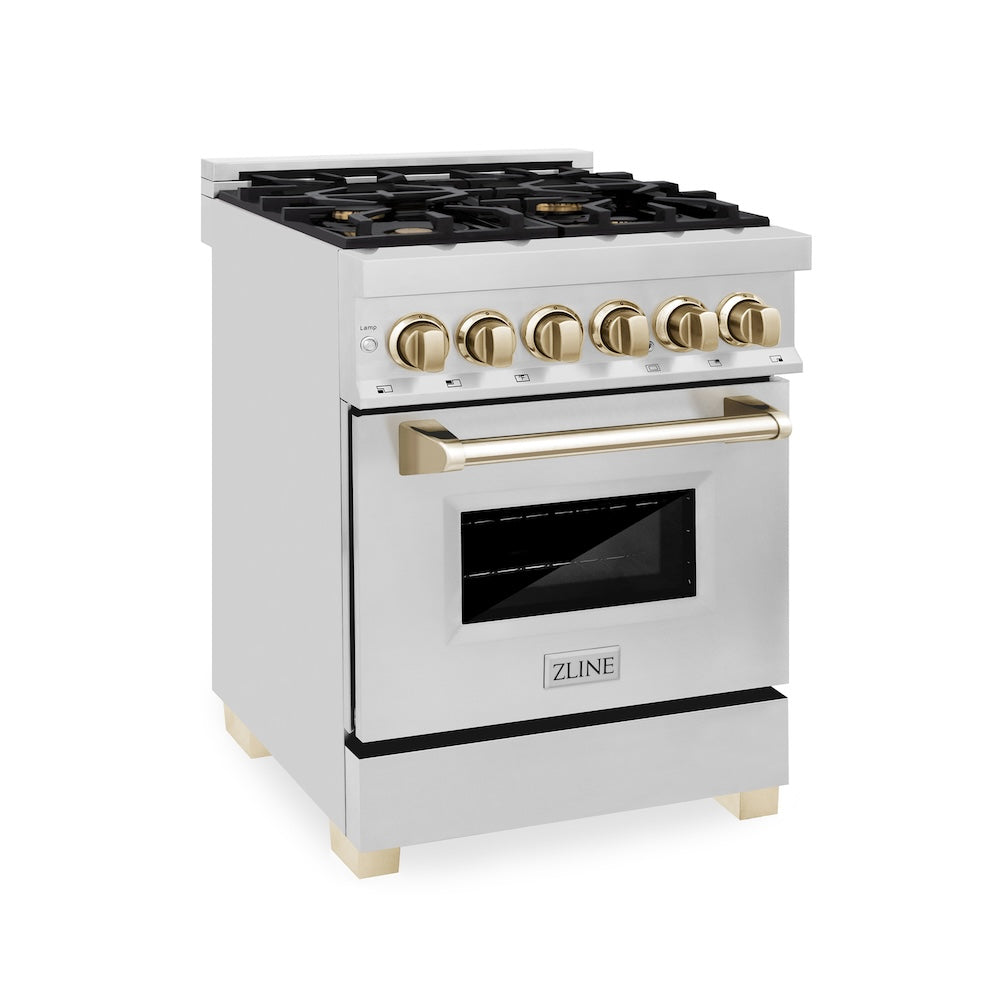 ZLINE Autograph Edition 24 in. 2.8 cu. ft. Legacy Dual Fuel Range with 4 Burner Gas Cooktop and Electric Convection Oven in Stainless Steel and Polished Gold Accents (RAZ-24-G)