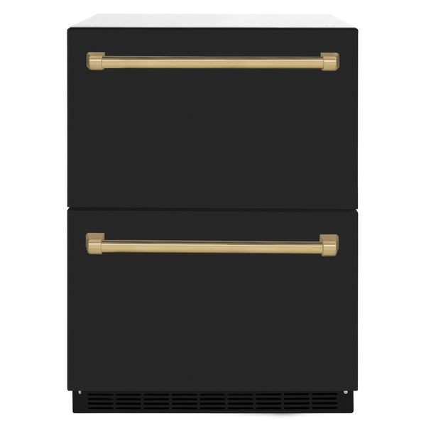 ZLINE Autograph Edition 24 in. Touchstone 168 Can Outdoor-Rated Dual Refrigerator Drawer with Black Matte Doors and Champagne Bronze Handles (RDSOZ-BLM-24-CB)