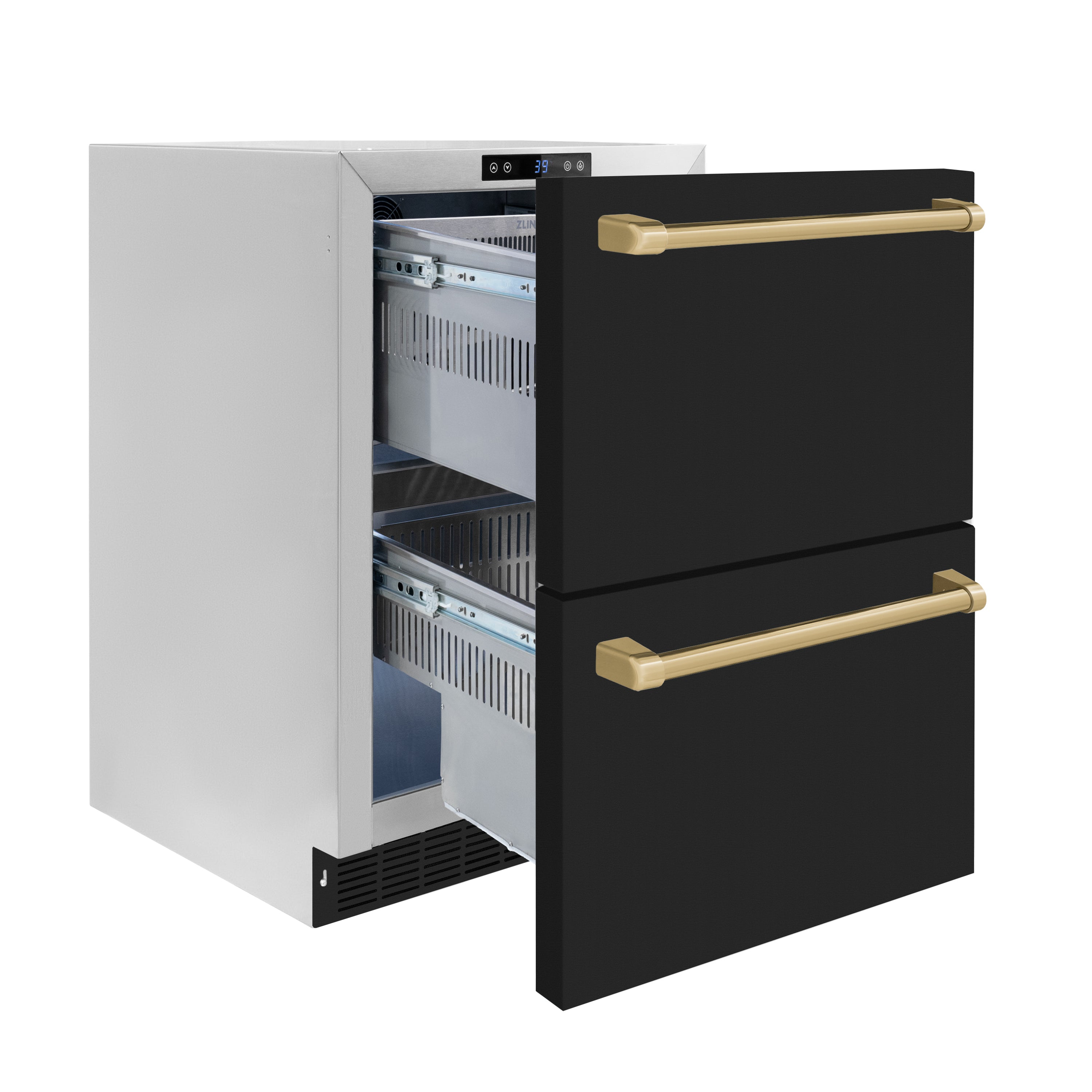 ZLINE Autograph Edition 24 in. Touchstone 168 Can Outdoor-Rated Dual Refrigerator Drawer with Black Matte Doors and Champagne Bronze Handles (RDSOZ-BLM-24-CB)