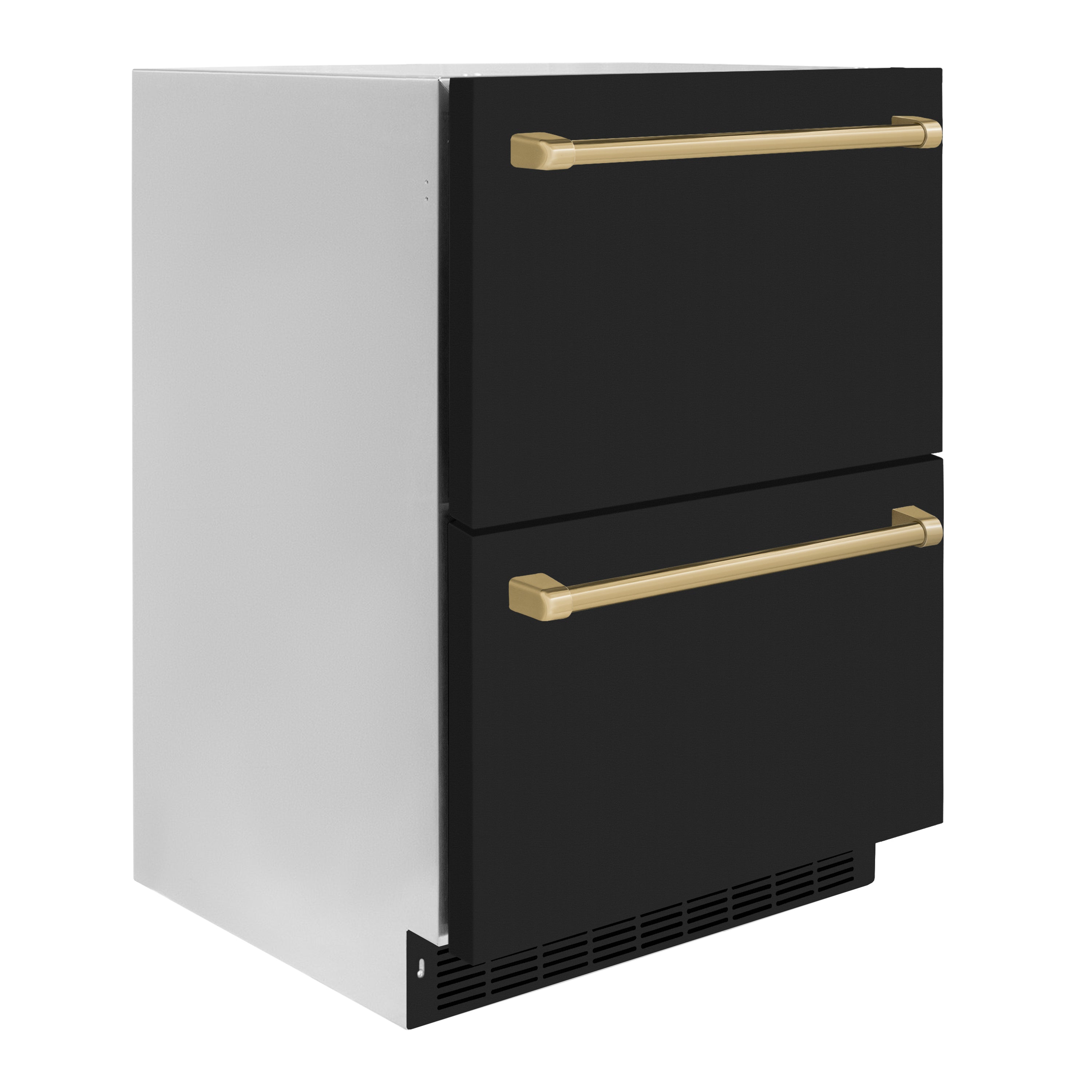 ZLINE Autograph Edition 24 in. Touchstone 168 Can Outdoor-Rated Dual Refrigerator Drawer with Black Matte Doors and Champagne Bronze Handles (RDSOZ-BLM-24-CB)