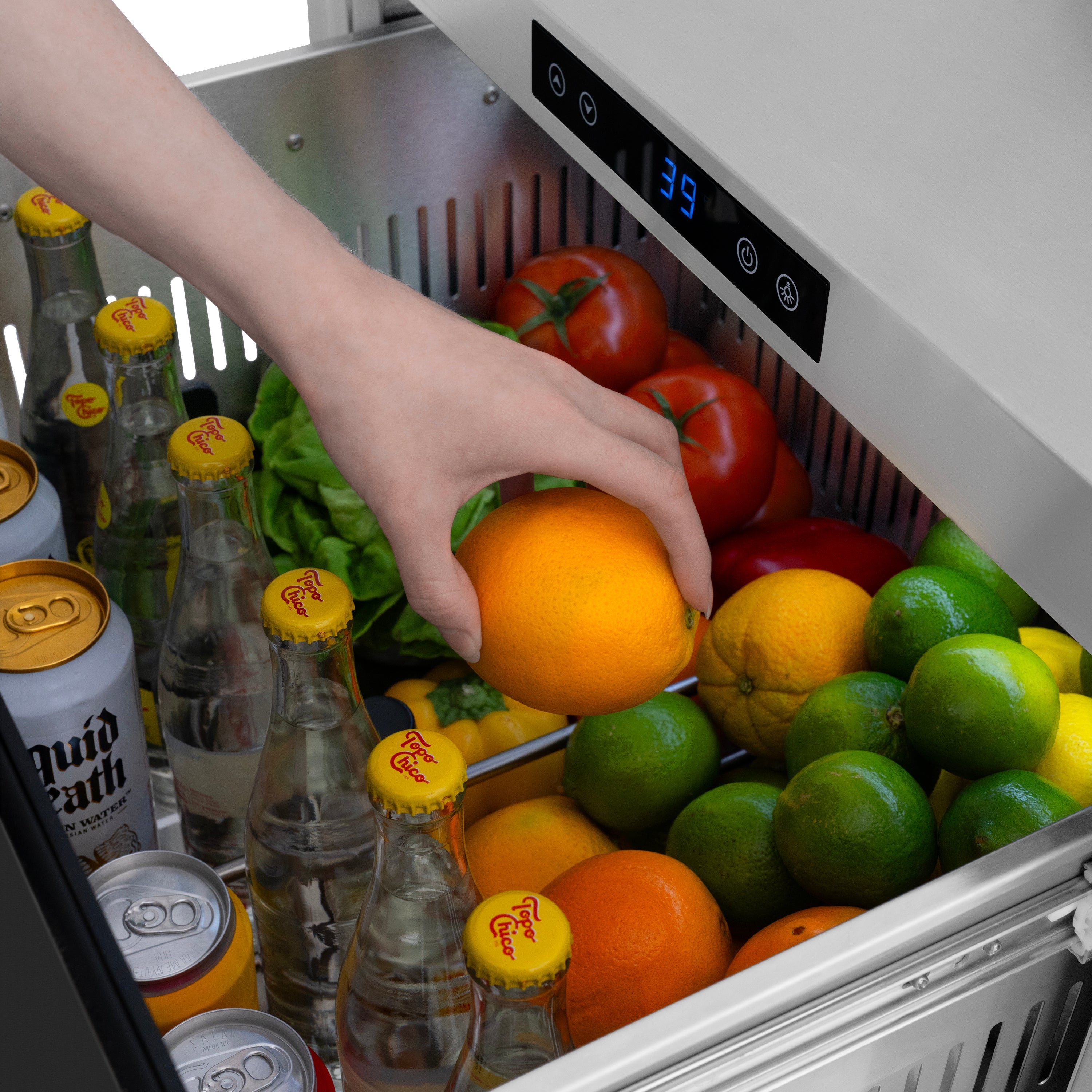 ZLINE Autograph Edition 24 in. Touchstone 168 Can Outdoor-Rated Dual Refrigerator Drawer with Black Matte Doors and Polished Gold Handles (RDSOZ-BLM-24-G)