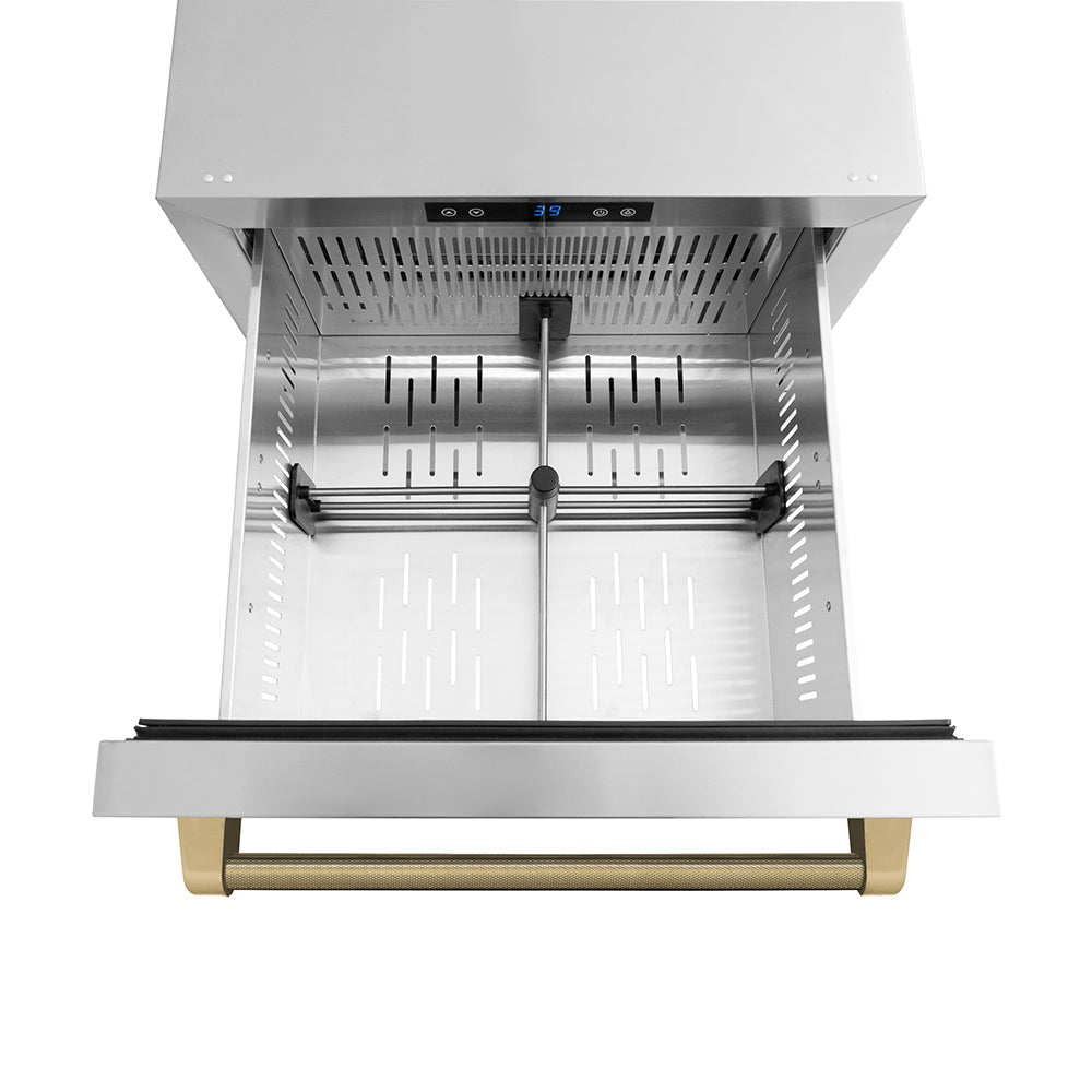 ZLINE Autograph Edition 24 in. Touchstone 168 Can Outdoor-Rated Dual Refrigerator Drawer with Stainless Steel Doors and Champagne Bronze Helix Handles (RDSOZ-ST-24-KCB)