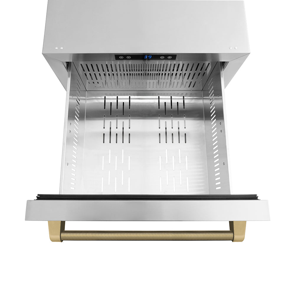ZLINE Autograph Edition 24 in. Touchstone 168 Can Outdoor-Rated Dual Refrigerator Drawer with Stainless Steel Doors and Champagne Bronze Helix Handles (RDSOZ-ST-24-KCB)