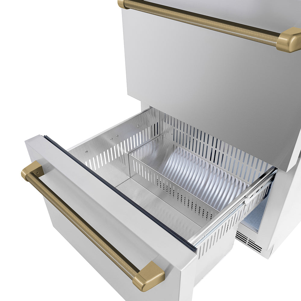 ZLINE Autograph Edition 24 in. Touchstone 168 Can Outdoor-Rated Dual Refrigerator Drawer with Stainless Steel Doors and Champagne Bronze Helix Handles (RDSOZ-ST-24-KCB)