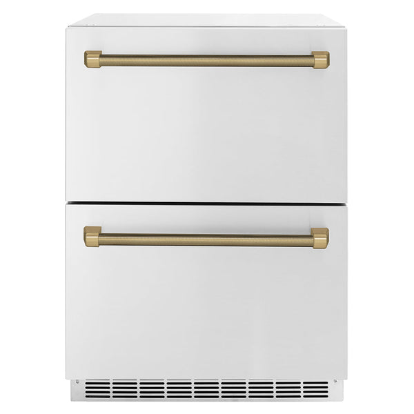 ZLINE Autograph Edition 24 in. Touchstone 168 Can Outdoor-Rated Dual Refrigerator Drawer with Stainless Steel Doors and Champagne Bronze Helix Handles (RDSOZ-ST-24-KCB)