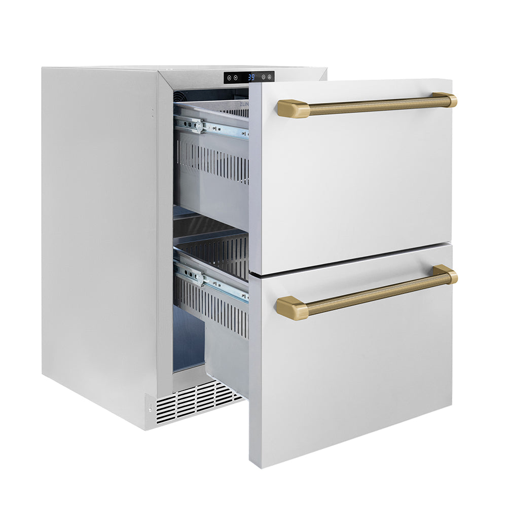 ZLINE Autograph Edition 24 in. Touchstone 168 Can Outdoor-Rated Dual Refrigerator Drawer with Stainless Steel Doors and Champagne Bronze Helix Handles (RDSOZ-ST-24-KCB)