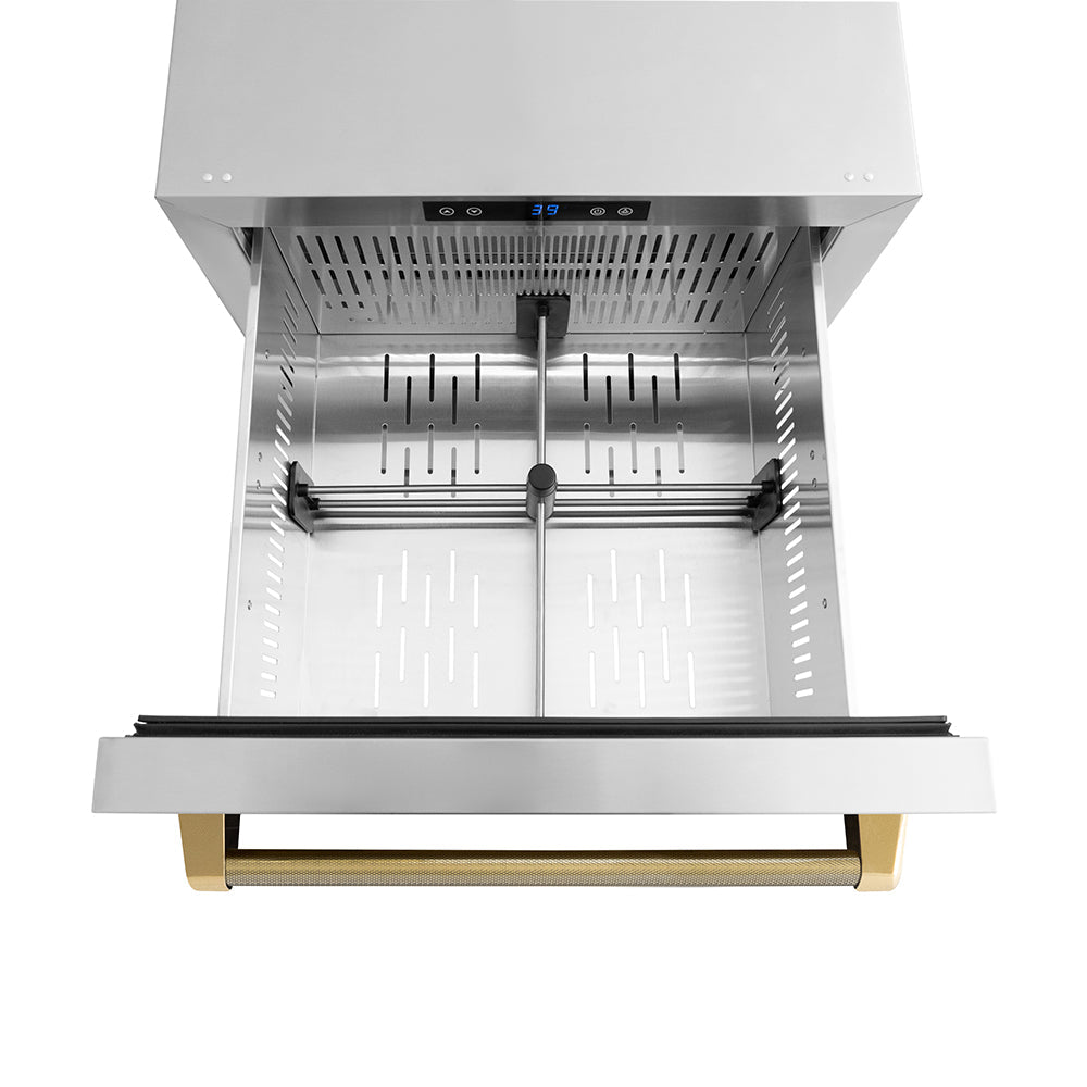 ZLINE Autograph Edition 24 in. Touchstone 168 Can Outdoor-Rated Dual Refrigerator Drawer with Stainless Steel Doors and Polished Gold Helix Handles (RDSOZ-ST-24-KG)