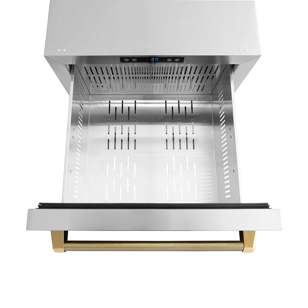 ZLINE Autograph Edition 24 in. Touchstone 168 Can Outdoor-Rated Dual Refrigerator Drawer with Stainless Steel Doors and Polished Gold Helix Handles (RDSOZ-ST-24-KG)