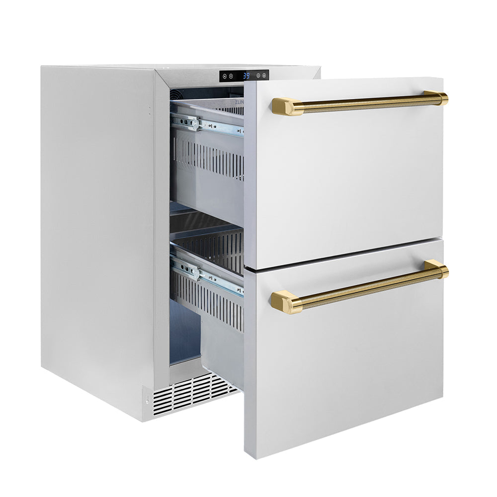 ZLINE Autograph Edition 24 in. Touchstone 168 Can Outdoor-Rated Dual Refrigerator Drawer with Stainless Steel Doors and Polished Gold Helix Handles (RDSOZ-ST-24-KG)