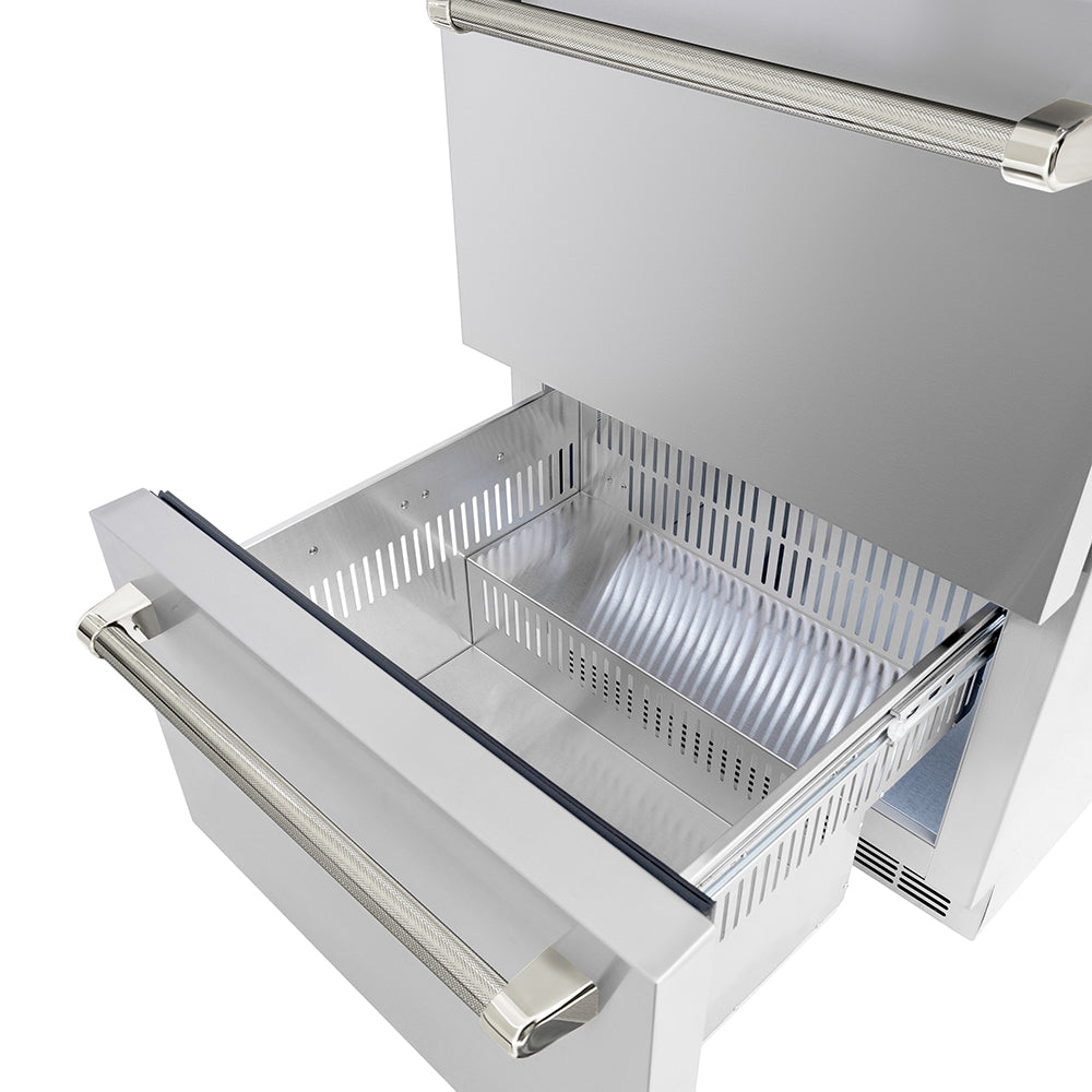 ZLINE Autograph Edition 24 in. Touchstone 168 Can Outdoor-Rated Dual Refrigerator Drawer with Stainless Steel Doors and Polished Nickel Helix Handles (RDSOZ-ST-24-KPN)