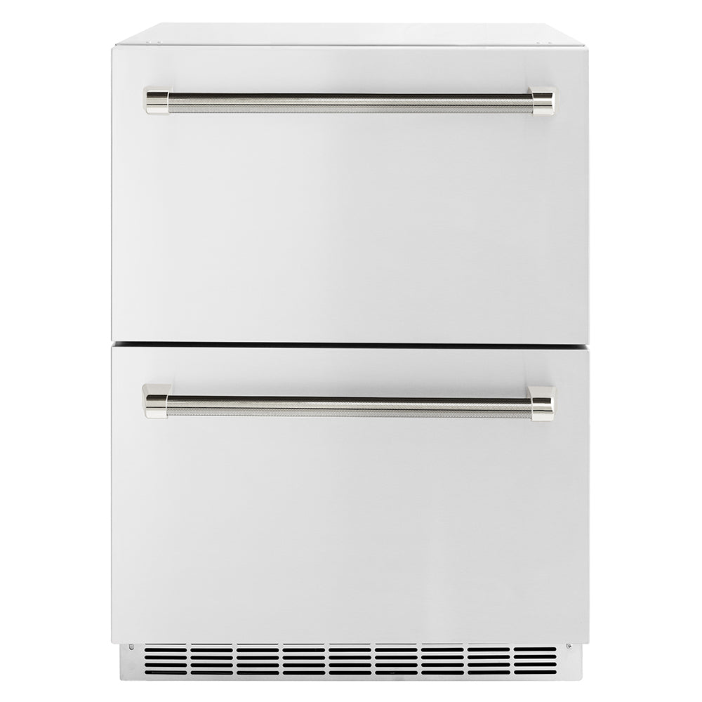 ZLINE Autograph Edition 24 in. Touchstone 168 Can Outdoor-Rated Dual Refrigerator Drawer with Stainless Steel Doors and Polished Nickel Helix Handles (RDSOZ-ST-24-KPN)