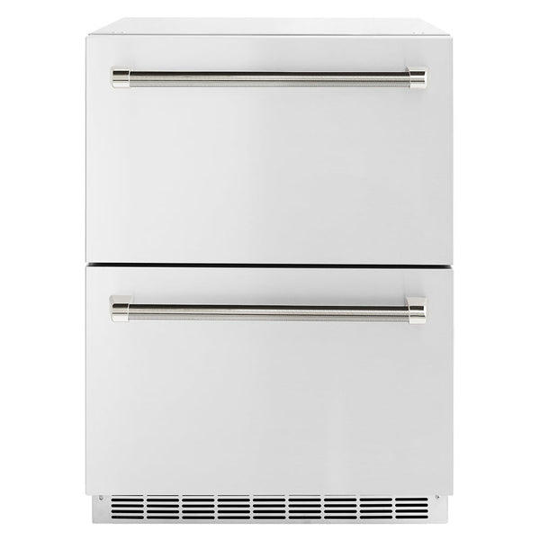 ZLINE Autograph Edition 24 in. Touchstone 168 Can Outdoor-Rated Dual Refrigerator Drawer with Stainless Steel Doors and Polished Nickel Helix Handles (RDSOZ-ST-24-KPN)