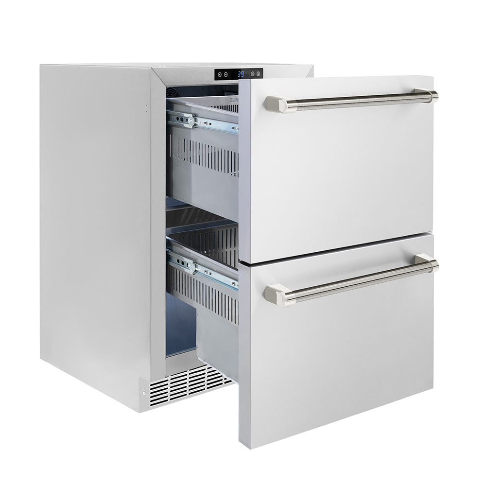 ZLINE Autograph Edition 24 in. Touchstone 168 Can Outdoor-Rated Dual Refrigerator Drawer with Stainless Steel Doors and Polished Nickel Helix Handles (RDSOZ-ST-24-KPN)