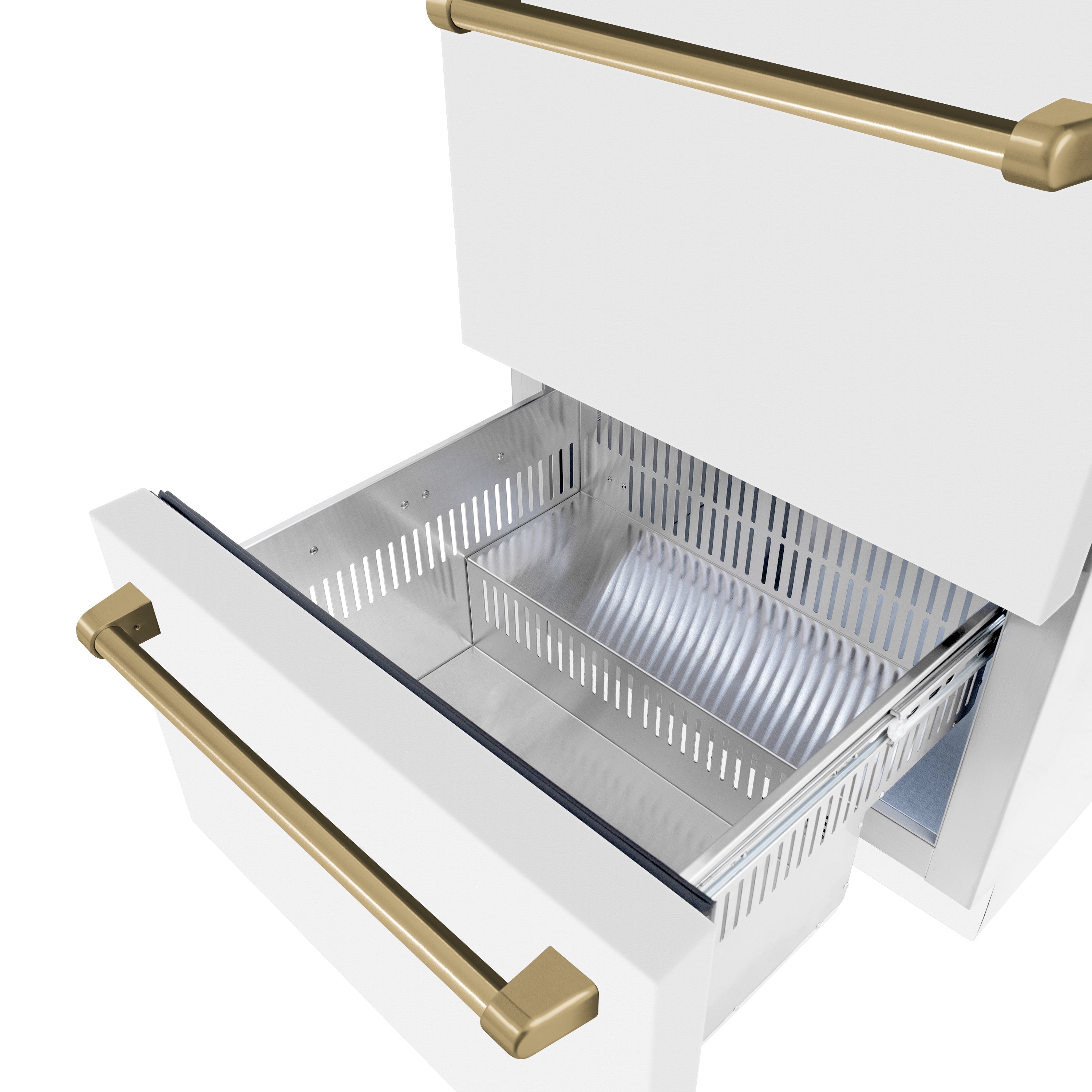 ZLINE Autograph Edition 24 in. Touchstone 168 Can Outdoor-Rated Dual Refrigerator Drawer with White Matte Doors and Champagne Bronze Handles (RDSOZ-WM-24-CB)