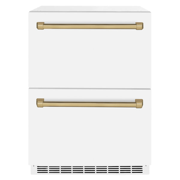 ZLINE Autograph Edition 24 in. Touchstone 168 Can Outdoor-Rated Dual Refrigerator Drawer with White Matte Doors and Champagne Bronze Handles (RDSOZ-WM-24-CB)