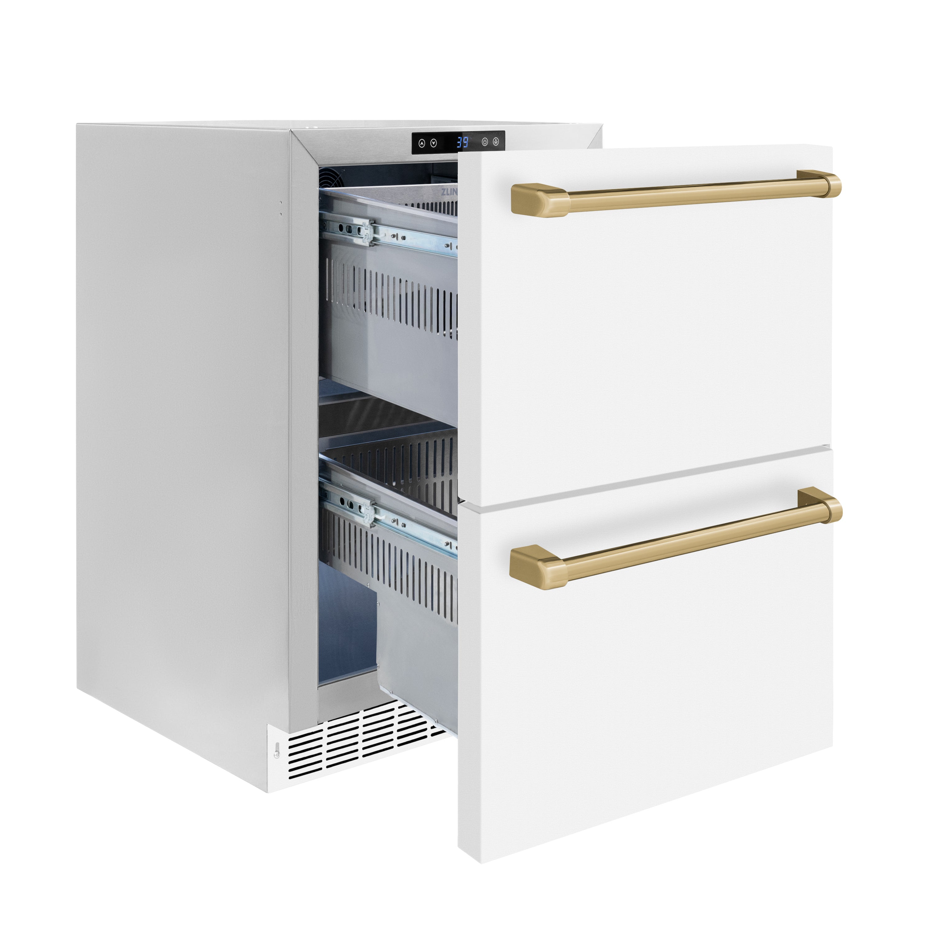 ZLINE Autograph Edition 24 in. Touchstone 168 Can Outdoor-Rated Dual Refrigerator Drawer with White Matte Doors and Champagne Bronze Handles (RDSOZ-WM-24-CB)