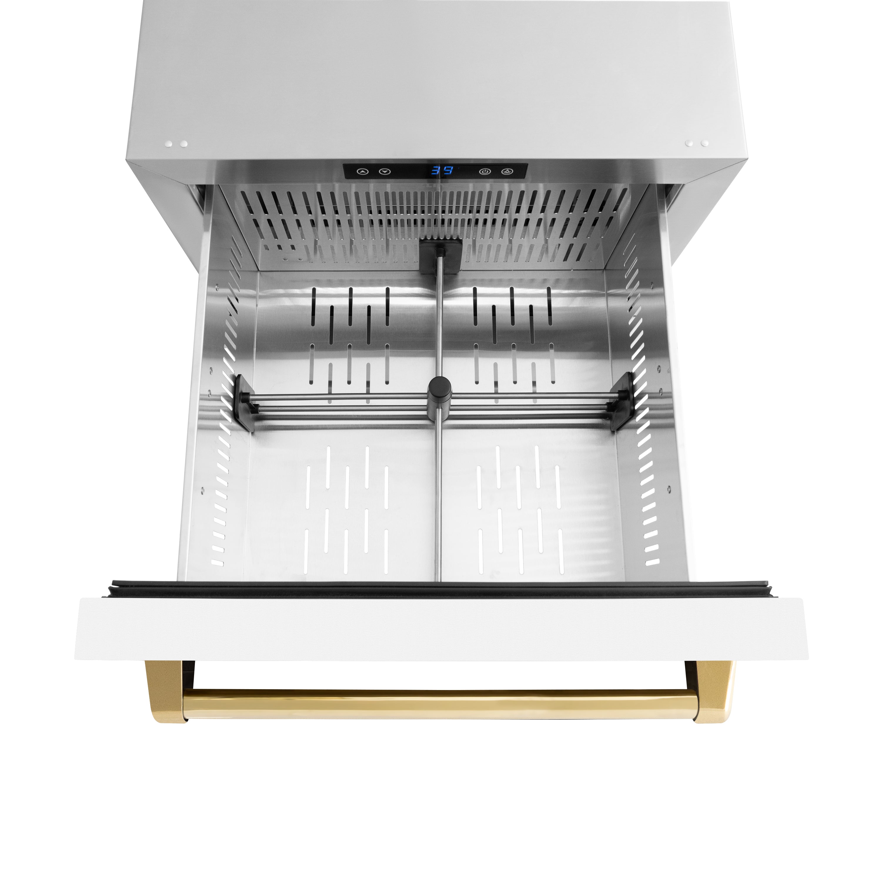 ZLINE Autograph Edition 24 in. Touchstone 168 Can Outdoor-Rated Dual Refrigerator Drawer with White Matte Doors and Polished Gold Handles (RDSOZ-WM-24-G)