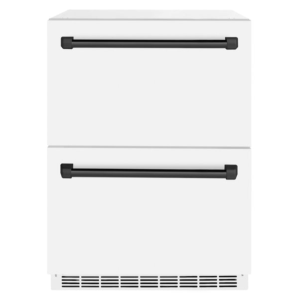 ZLINE Autograph Edition 24 in. Touchstone 168 Can Outdoor-Rated Dual Refrigerator Drawer with White Matte Doors and Matte Black Handles (RDSOZ-WM-24-MB)