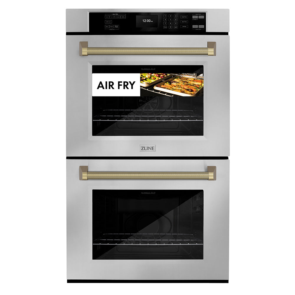 ZLINE Autograph Edition 30 in. Professional True Convection Double Wall Oven with Air Fry and Self Clean in Stainless Steel with Champagne Bronze Helix Handles (WADZ-30-KCB)