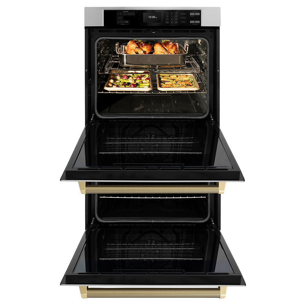 ZLINE Autograph Edition 30 in. Professional True Convection Double Wall Oven with Air Fry and Self Clean in Stainless Steel with Champagne Bronze Helix Handles (WADZ-30-KCB)