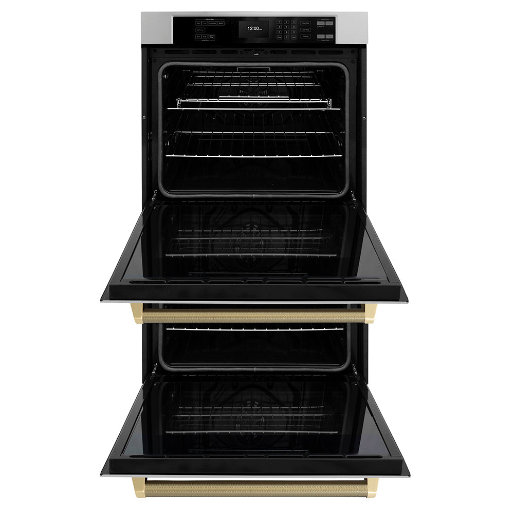 ZLINE Autograph Edition 30 in. Professional True Convection Double Wall Oven with Air Fry and Self Clean in Stainless Steel with Champagne Bronze Helix Handles (WADZ-30-KCB)