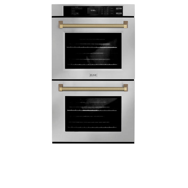 ZLINE Autograph Edition 30 in. Professional True Convection Double Wall Oven with Air Fry and Self Clean in Stainless Steel with Champagne Bronze Helix Handles (WADZ-30-KCB)
