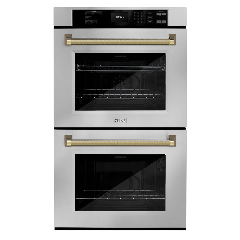 ZLINE Autograph Edition 30 in. Professional True Convection Double Wall Oven with Air Fry and Self Clean in Stainless Steel with Polished Gold Helix Handles (WADZ-30-KG)
