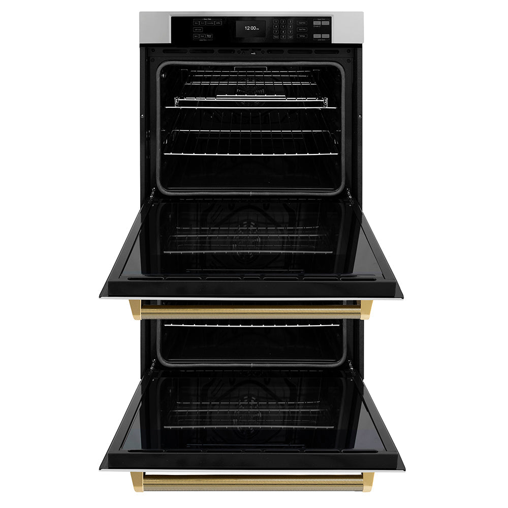 ZLINE Autograph Edition 30 in. Professional True Convection Double Wall Oven with Air Fry and Self Clean in Stainless Steel with Polished Gold Helix Handles (WADZ-30-KG)