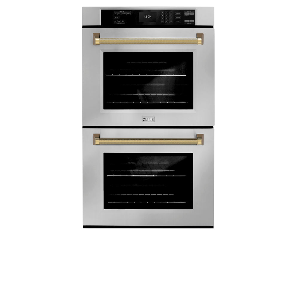ZLINE Autograph Edition 30 in. Professional True Convection Double Wall Oven with Air Fry and Self Clean in Stainless Steel with Polished Gold Helix Handles (WADZ-30-KG)