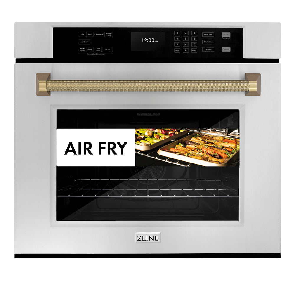 ZLINE Autograph Edition 30 in. Professional True Convection Single Wall Oven with Air Fry and Self Clean in Stainless Steel with Champagne Bronze Helix Handle (WASZ-30-KCB)