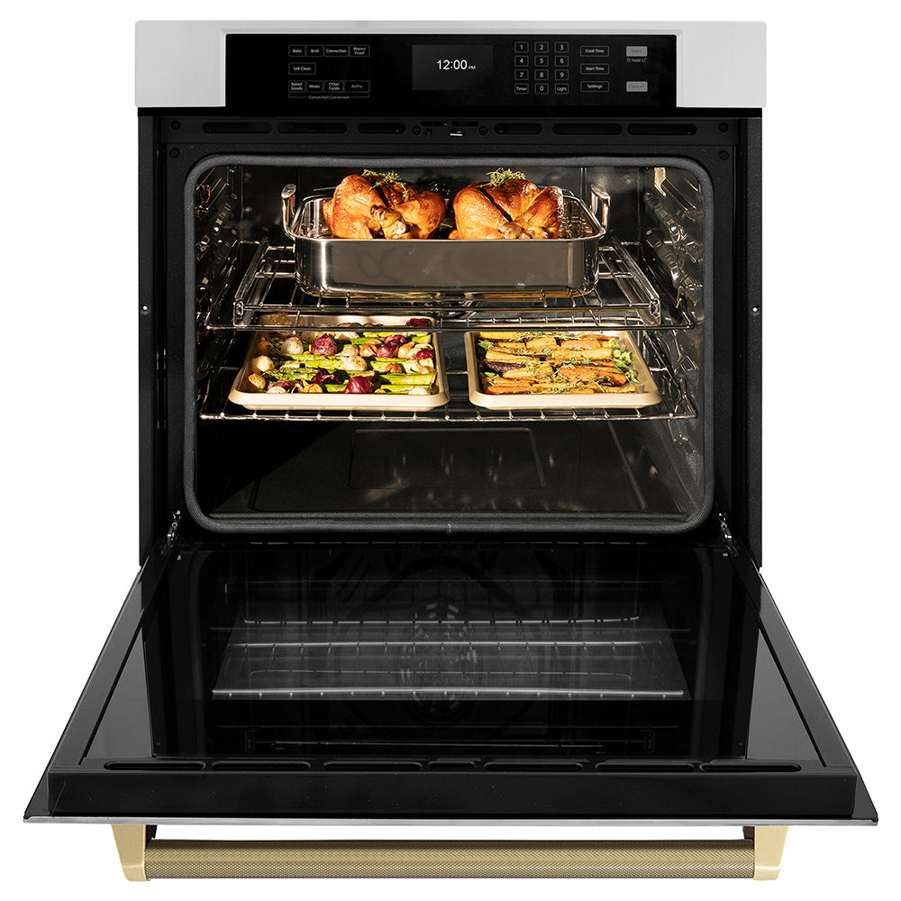 ZLINE Autograph Edition 30 in. Professional True Convection Single Wall Oven with Air Fry and Self Clean in Stainless Steel with Champagne Bronze Helix Handle (WASZ-30-KCB)