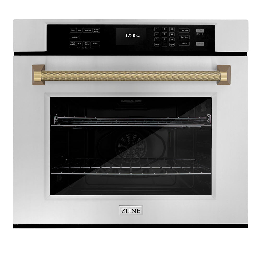 ZLINE Autograph Edition 30 in. Professional True Convection Single Wall Oven with Air Fry and Self Clean in Stainless Steel with Champagne Bronze Helix Handle (WASZ-30-KCB)