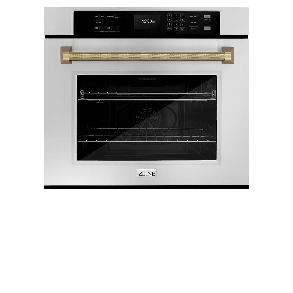 ZLINE Autograph Edition 30 in. Professional True Convection Single Wall Oven with Air Fry and Self Clean in Stainless Steel with Champagne Bronze Helix Handle (WASZ-30-KCB)