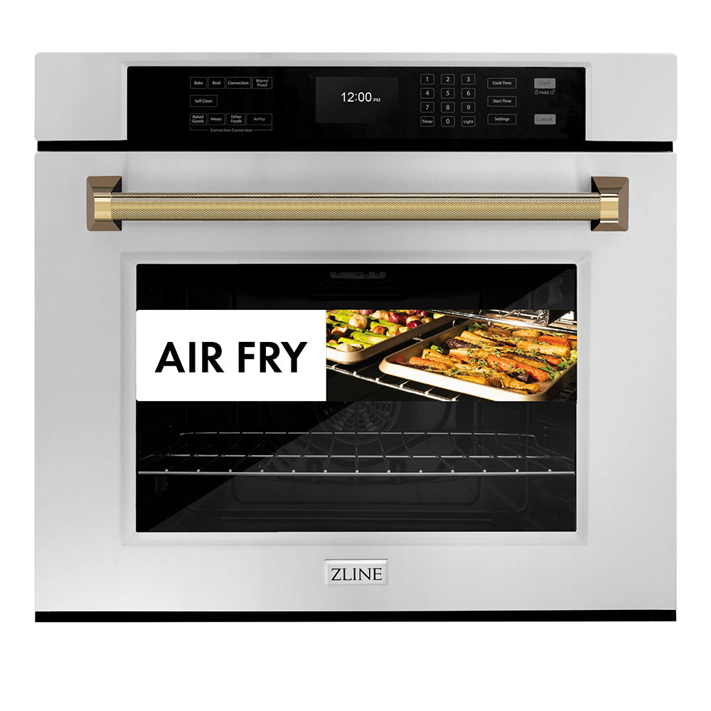 ZLINE Autograph Edition 30 in. Professional True Convection Single Wall Oven with Air Fry and Self Clean in Stainless Steel with Polished Gold Helix Handle (WASZ-30-KG)