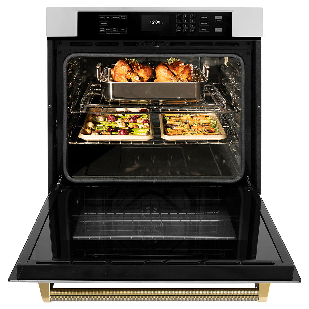 ZLINE Autograph Edition 30 in. Professional True Convection Single Wall Oven with Air Fry and Self Clean in Stainless Steel with Polished Gold Helix Handle (WASZ-30-KG)