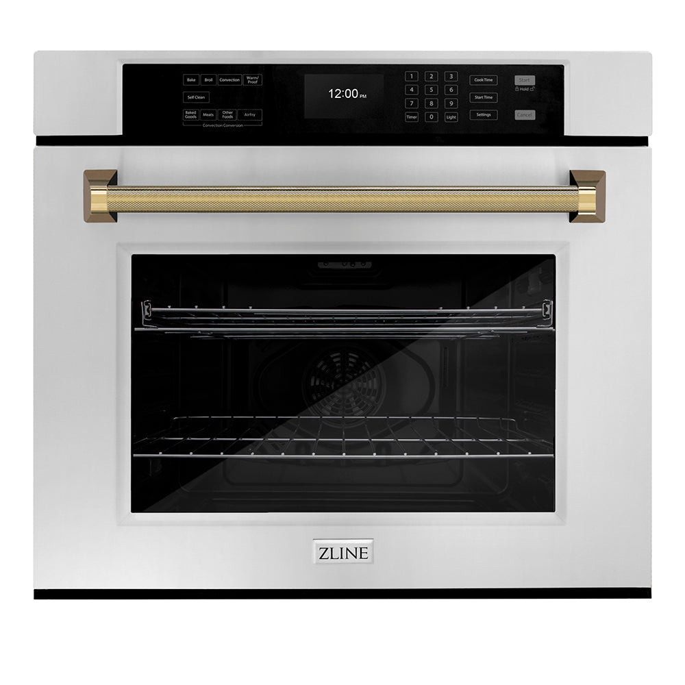 ZLINE Autograph Edition 30 in. Professional True Convection Single Wall Oven with Air Fry and Self Clean in Stainless Steel with Polished Gold Helix Handle (WASZ-30-KG)