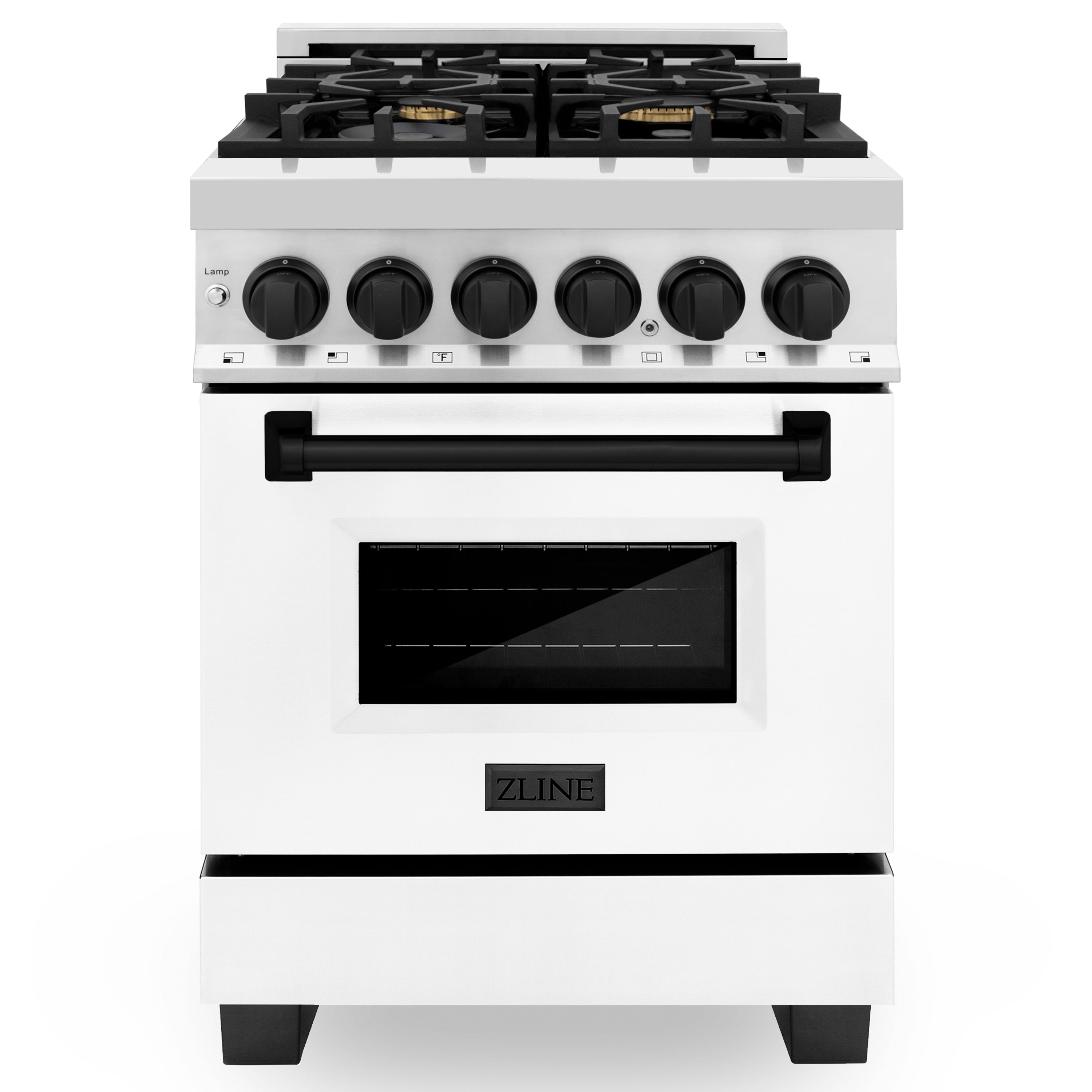 ZLINE Autograph Edition 24 in. 2.8 cu. ft. Legacy Dual Fuel Range with 4 Burner Gas Cooktop and Electric Convection Oven in Stainless Steel with White Matte Door and Matte Black Accents (RAZ-WM-24-MB)