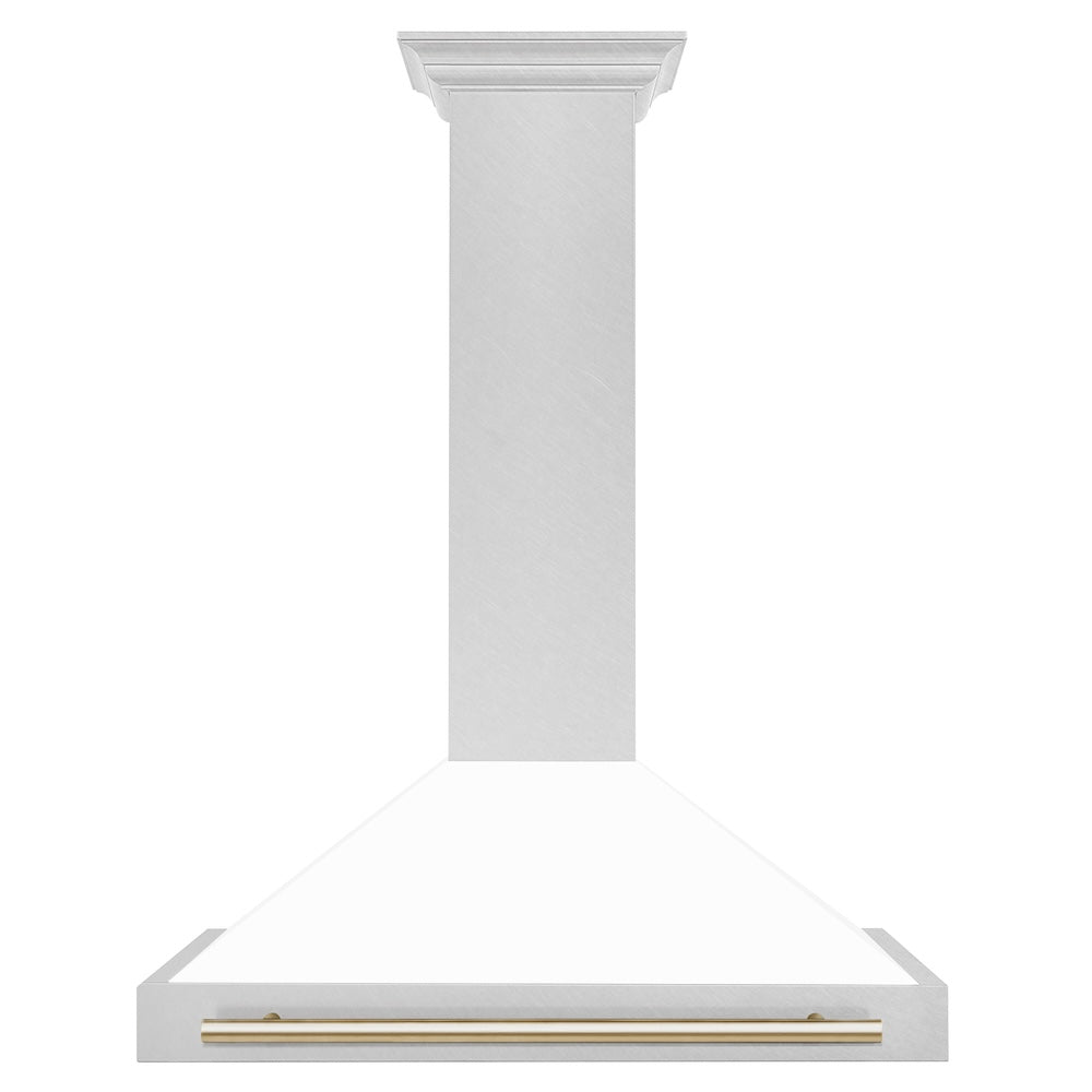 ZLINE 36 in. Autograph Edition Convertible Fingerprint Resistant Satin Stainless Steel Range Hood with White Matte Shell and Polished Gold Handle (KB4SNZ-WM36-G)