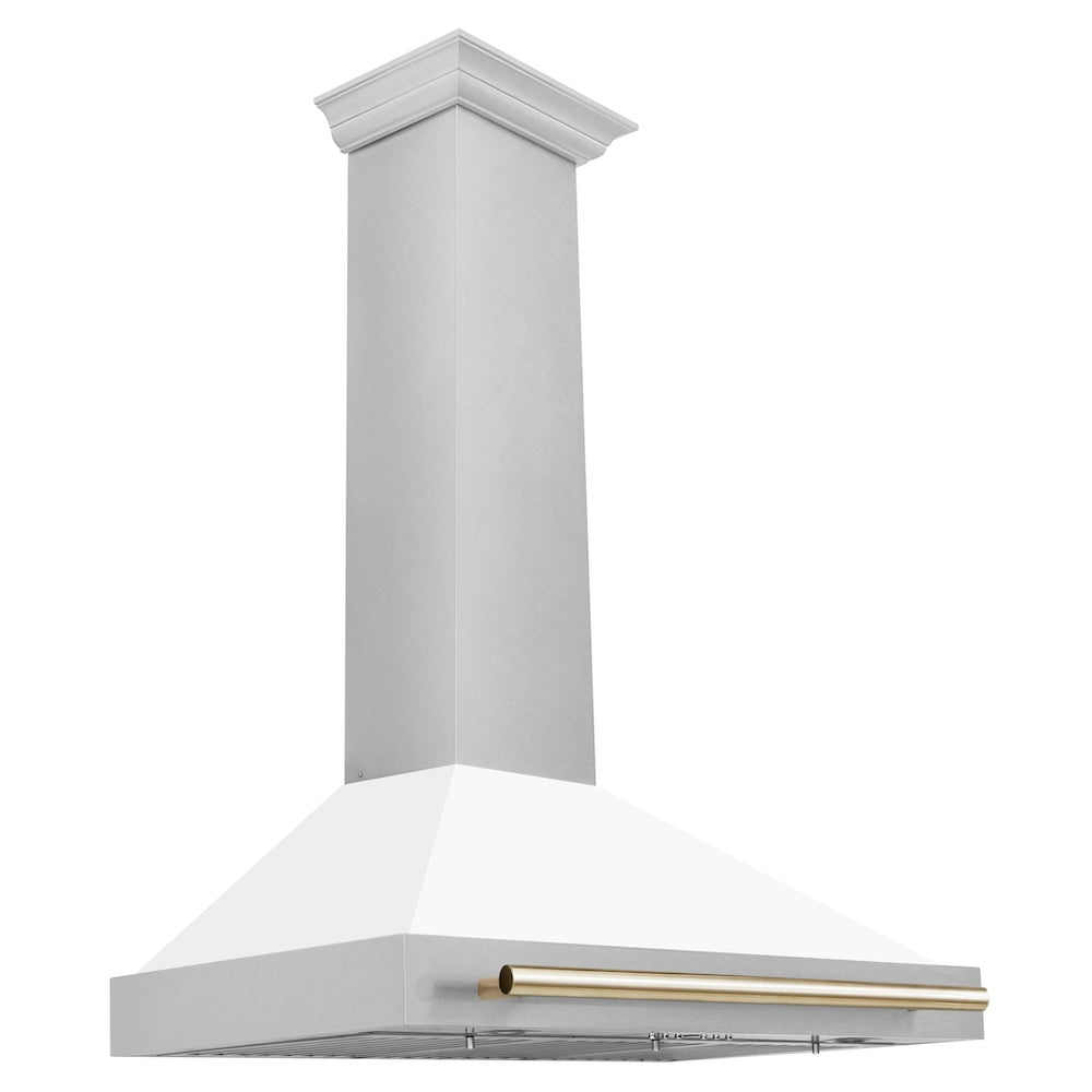 ZLINE 36 in. Autograph Edition Convertible Fingerprint Resistant Satin Stainless Steel Range Hood with White Matte Shell and Polished Gold Handle (KB4SNZ-WM36-G)